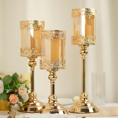 Set of 3 Antique Gold Lace Votive Candle Stands with Hurricane Glass Shades 13", 15", 17" - Chic Pillar Candle Holders