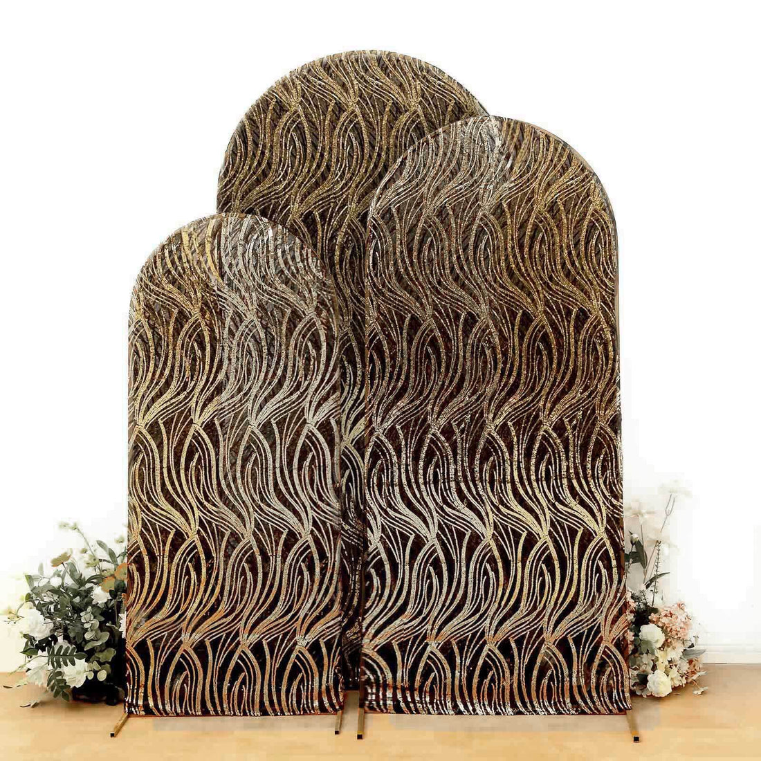 Decorative three-panel screen with wave design in gold and brown tones