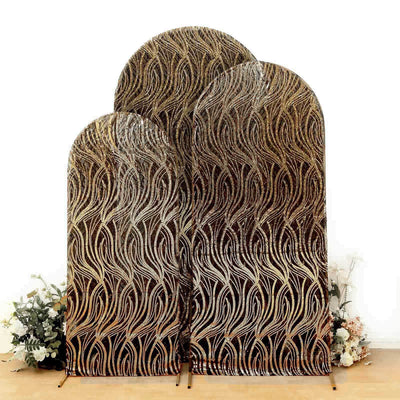 Set of 3 Black Wave Mesh Chiara Backdrop Stand Covers With Gold Embroidered Sequins, Fitted Covers For Round Top Wedding Arches - 5ft,6ft,7ft