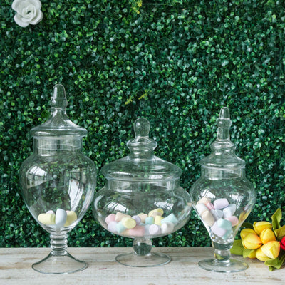 Set of 3 Clear Glass Candy Jars 10"/12"/14" Pedestal Apothecary Design with Snap-On Lids - Party Favor Containers for Events