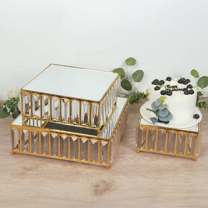 Set of 3 Crystal Pendant Gold Metal Cake Stands, Stackable Square Dessert Display Trays with Mirror Top - 7",10",12"