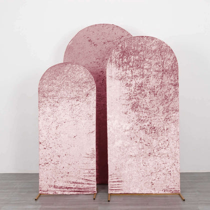 Set of 3 Dusty Rose Crushed Velvet Chiara Wedding Arch Covers For Round Top Backdrop Stands 5ft, 6ft, 7ft