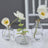 Glass vases with flowers and greenery on a table