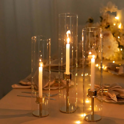 Set of 3 Glass Candle Sleeves Hurricane Shades 15", 17", 19" Clear - Versatile 3.5" Wide Pillar Candle Holders Table Centerpiece for Events