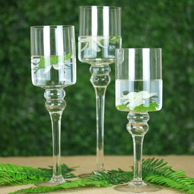 Set of 3 Glass Cylinder Vases Long Stem 12", 14", 16" Clear - Tealight Candle Holders