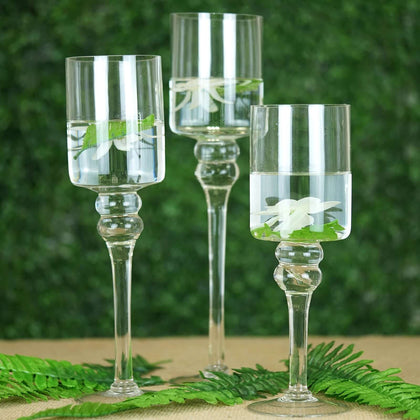 Set of 3 Glass Cylinder Vases Long Stem 12", 14", 16" Clear - Tealight Candle Holders
