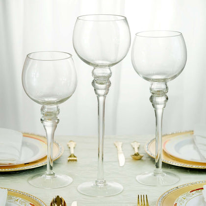 Set of 3 Glass Globe Vases Long Stem 12", 14", 16" Clear - Tealight Candle Holder Centerpieces for Weddings