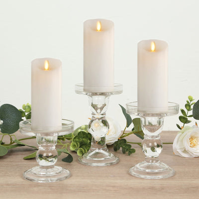 Set of 3 Glass Pillar Candle Holders 3.5", 4.5", 5.5" Clear with Round Tray - Crystal Ball Stem Taper Candlestick Tea Light Stands