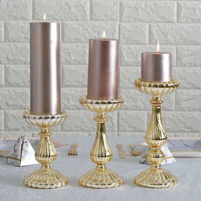 Set of 3 Gold Mercury Glass Candle Holder Stands 7", 8", 10" Pillar Design - Votive Centerpieces for Weddings & Events