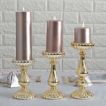 Set of 3 Gold Mercury Glass Candle Holder Stands 7", 8", 10" Pillar Design - Votive Centerpieces for Weddings & Events