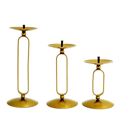 Set of 3 Gold Metal Oval Frame Pillar Candle Holders, Geometric Table Centerpieces - Assorted Sizes for Weddings