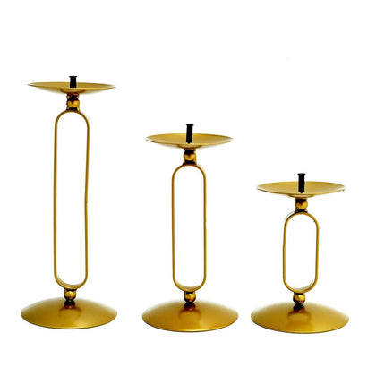 Set of 3 Gold Metal Oval Frame Pillar Candle Holders, Geometric Table Centerpieces - Assorted Sizes for Weddings