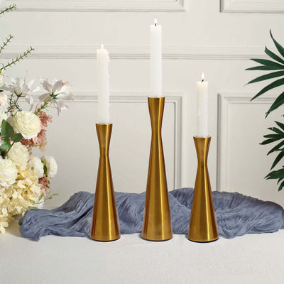 Set of 3 Gold Metal Taper Candle Holders 8", 9", 11" Hourglass Style - Nordic European Design
