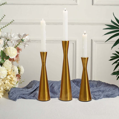 Set of 3 Gold Metal Taper Candle Holders 8", 9", 11" Hourglass Style - Nordic European Design