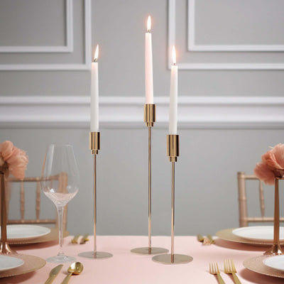Set of 3 Gold Metal Taper Candle Stands 9", 10", 13" Round Solid Base - Decorative Centerpiece