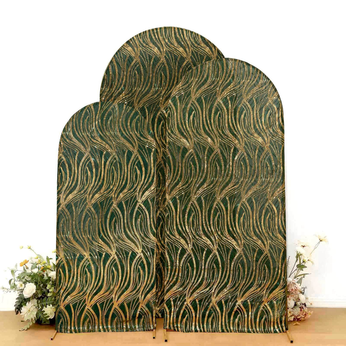 Decorative three-panel screen with green and gold wave pattern design.