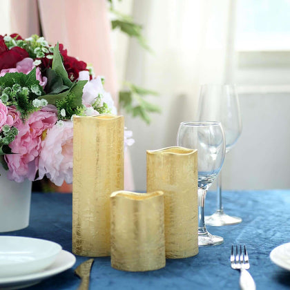 Set of 3 LED Pillar Candles Metallic Gold 4", 6", 8" - Remote Operated Battery Powered Flameless Lighting