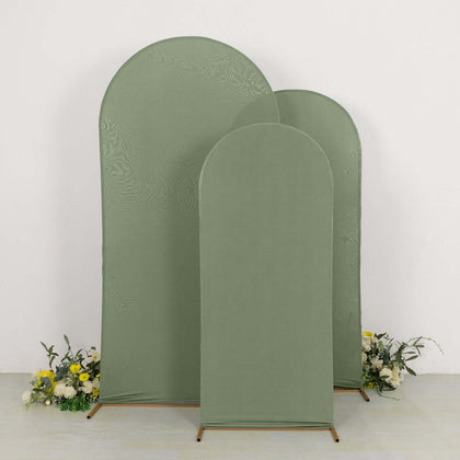 Set of 3 Matte Dusty Sage Green Spandex Fitted Wedding Arch Covers For Round Top Chiara Backdrop Stands 5ft, 6ft, 7ft