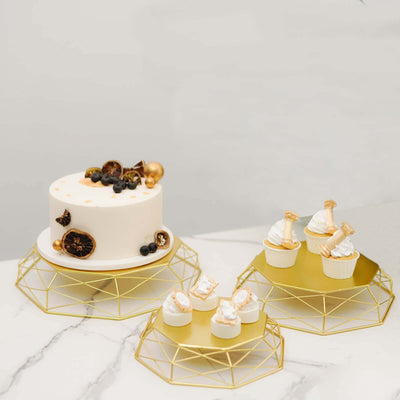 Set of 3 Metal Cake Stands 7", 9", 11" Geometric Reversible Octagon Design Gold - Dessert Display Baskets