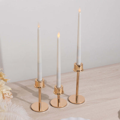 Set of 3 Metal Taper Candlestick Holders 3.5", 5.5", 8" Gold with Round Base - Hurricane Candle Stands