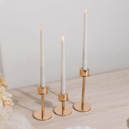 Set of 3 Metal Taper Candlestick Holders 3.5", 5.5", 8" Gold with Round Base - Hurricane Candle Stands