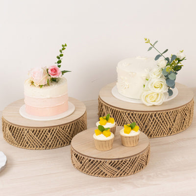 Set of 3 Pedestal Cake Stands 10", 12", 14" Jute Rattan with Wooden Top Plates Natural - Stackable Round Rustic Farmhouse Design