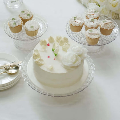 Set of 3 Plastic Cupcake Stands 8", 10", 12" Clear Pressed Glass Pattern with Scalloped Edges - Contemporary Versatile & Stackable Cake Dessert Pedestal Display Risers