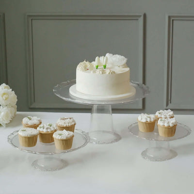 Set of 3 Plastic Round Pedestal Cake Stands 9", 11", 15" Clear with Scalloped Edges - Stackable Cupcake Dessert Holder Risers for Wedding Displays