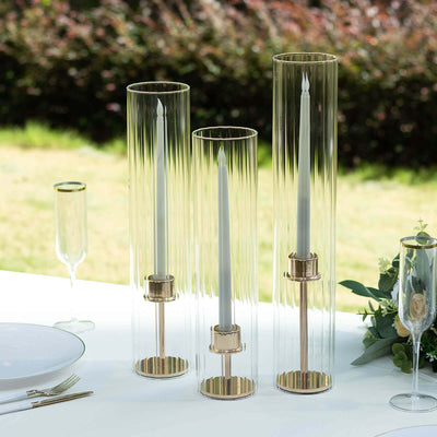 Set of 3 Ribbed Glass Candelabra Shades Hurricane Design 15", 17", 19" Clear - Chic Open End Pillar Candle Holder Table Centerpiece