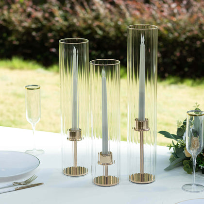 Set of 3 Ribbed Glass Candelabra Shades Hurricane Design 15", 17", 19" Clear - Chic Open End Pillar Candle Holder Table Centerpiece