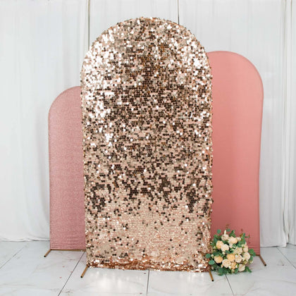 Set of 3 Rose Gold Round Top Fitted Backdrop Stand Covers, Big Payette Sequin, Shimmer Tinsel and Matte Spandex Wedding Arch Frame Covers