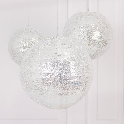 Set of 3 Shimmer Silver Sequin Fabric Hanging Lanterns, Decorative Round Foldable Chinese Lantern Lampshades - 8",10",12"