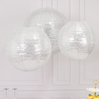 Set of 3 Shimmer Silver Sequin Fabric Hanging Lanterns, Large Decorative Round Foldable Chinese Lantern Lampshades - 14",16",20"