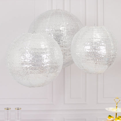 Set of 3 Shimmer Silver Sequin Fabric Hanging Lanterns, Large Decorative Round Foldable Chinese Lantern Lampshades - 14",16",20"