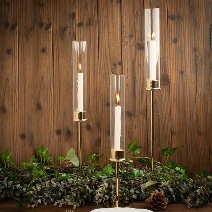 Set of 3 Tall Gold Metal Taper Candlestick Holders 16", 20", 24" - Clear Glass Hurricane Candle Stands With Chimney Candle Shades