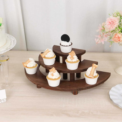 Set of 3 Wooden Dessert Pedestals 7", 13", 18" Rustic Brown 3-Tier Semicircle Design - Half Moon Cupcake Display Risers
