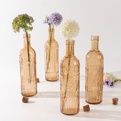 Set of 4 Glass Bottles Vintage Embossed Amber Gold 16oz with Corks - Large Decorative Flower Bud Vases 10" Tall
