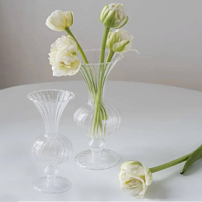 Set of 4 Glass Flower Vases 7", 9" Nordic Style Clear with Petals Texture - Vintage Bud Planters for Floral Centerpieces