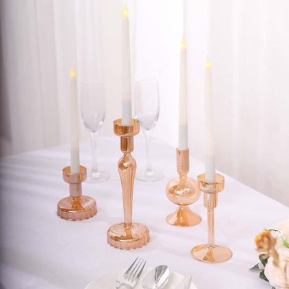 Set of 4 Glass Taper Votive Candle Holders 4", 5.5", 6", 9" Lined Crystal Design Assorted Amber Gold - Tea Light Stand Set