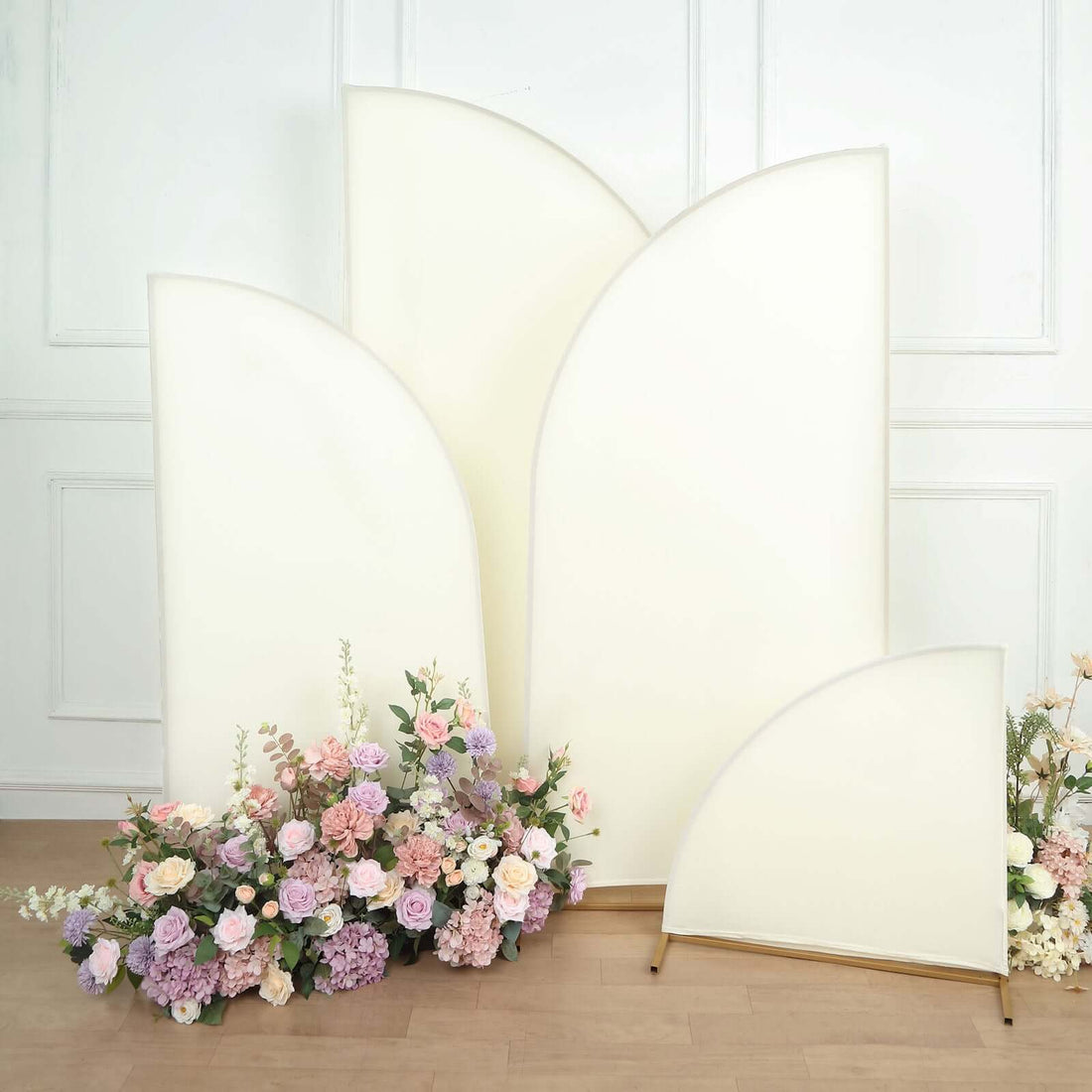 Decorative curved panels with floral arrangement in soft pastel colors.