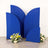 Blue fabric backdrops with floral arrangements in front.