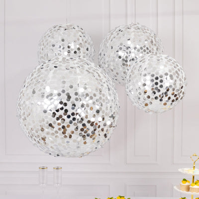 Set of 4 Shimmer Silver Payette Sequin Hanging Lanterns, Large Decorative Round Foldable Fabric Chinese Lantern Lampshades - 12",14",16",20"