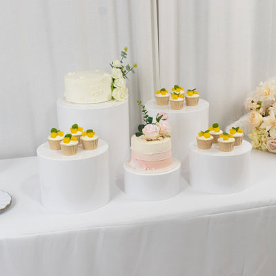 Set of 5 Acrylic Cake Stands 8.5", 9", 10", 11", 12" Round Cylinder Design White - Display Risers for Weddings
