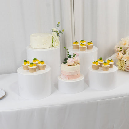 Set of 5 Acrylic Cake Stands 8.5", 9", 10", 11", 12" Round Cylinder Design White - Display Risers for Weddings