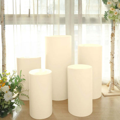 Set of 5 Beige Spandex Cylinder Pillar Prop Covers, Stretchable Pedestal Stand Covers - 160 GSM