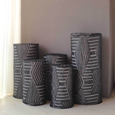 Set of 5 Black Sequin Mesh Cylinder Pillar Prop Covers with Geometric Pattern Embroidery, Sparkly Sheer Tulle Pedestal Stand Covers