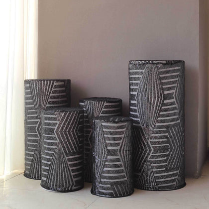 Set of 5 Black Sequin Mesh Cylinder Pillar Prop Covers with Geometric Pattern Embroidery, Sparkly Sheer Tulle Pedestal Stand Covers