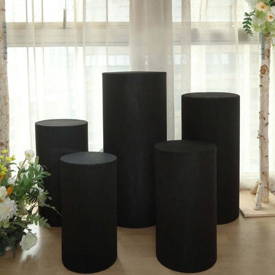 Set of 5 Black Spandex Cylinder Pillar Prop Covers, Stretchable Pedestal Stand Covers - 160 GSM