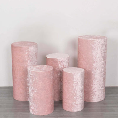 Set of 5 Blush Crushed Velvet Cylinder Pillar Prop Covers, Premium Pedestal Stand Covers