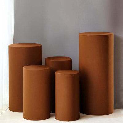 Set of 5 Cinnamon Brown Spandex Cylinder Pillar Prop Covers, Stretchable Pedestal Stand Covers - 160 GSM